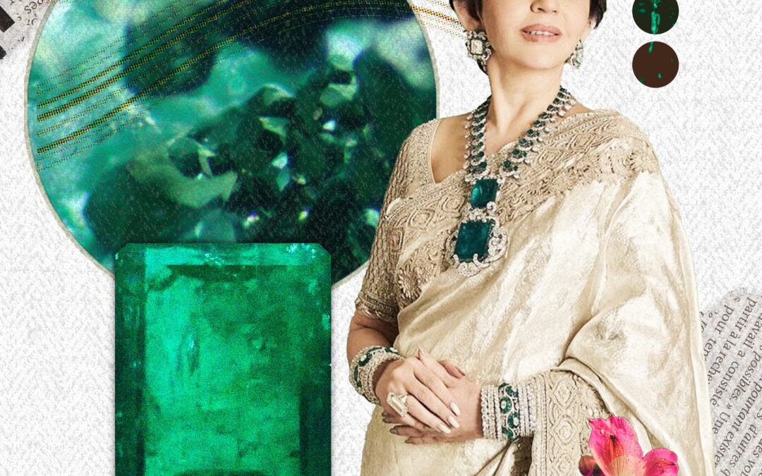Image of Nita Ambani in a collage with different images of gemmological inlcusions taken in our gemlab and the emerlads gemstone and some flowers to share a wedding and gemmological vibe
