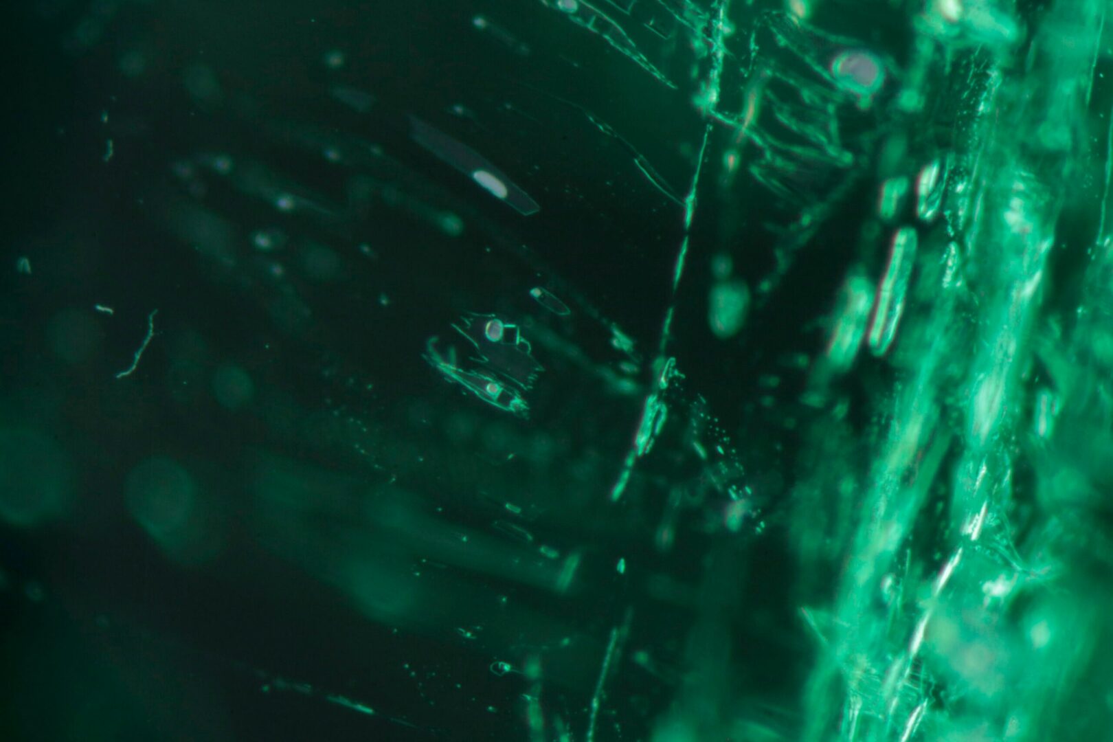 Three-phase inclusion in a Colombian emerald, with a jagged outline, a gas bubble and a cubic crystal, at 2 mm.