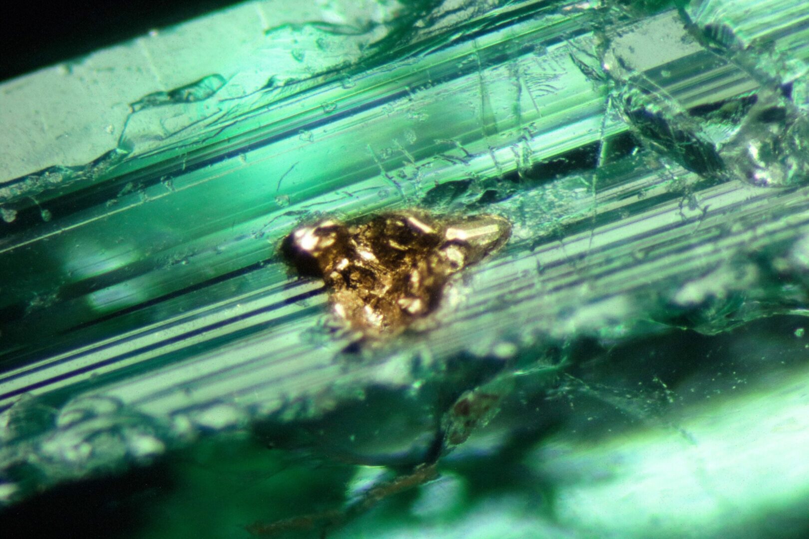 Brassy pyrite crystals in a Colombian emerald, isolated and in clusters, at about 2 mm.