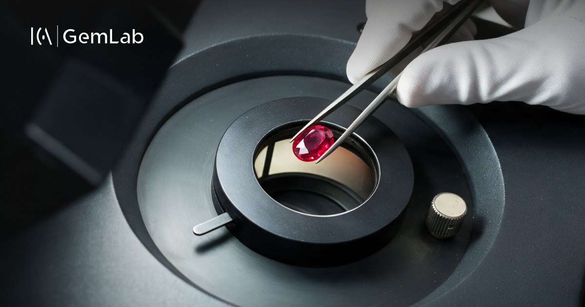 An oval ruby held in tweezers over a gemological microscope at ICA | GemLab