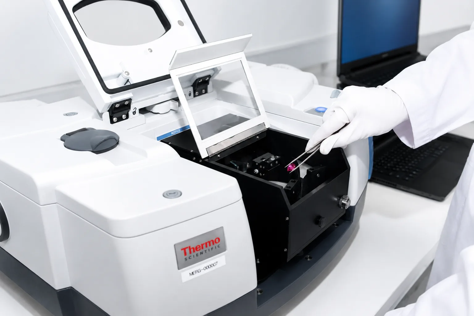 FTIR spectrometer examining a Mozambique ruby at the ICA | GemLab laboratory