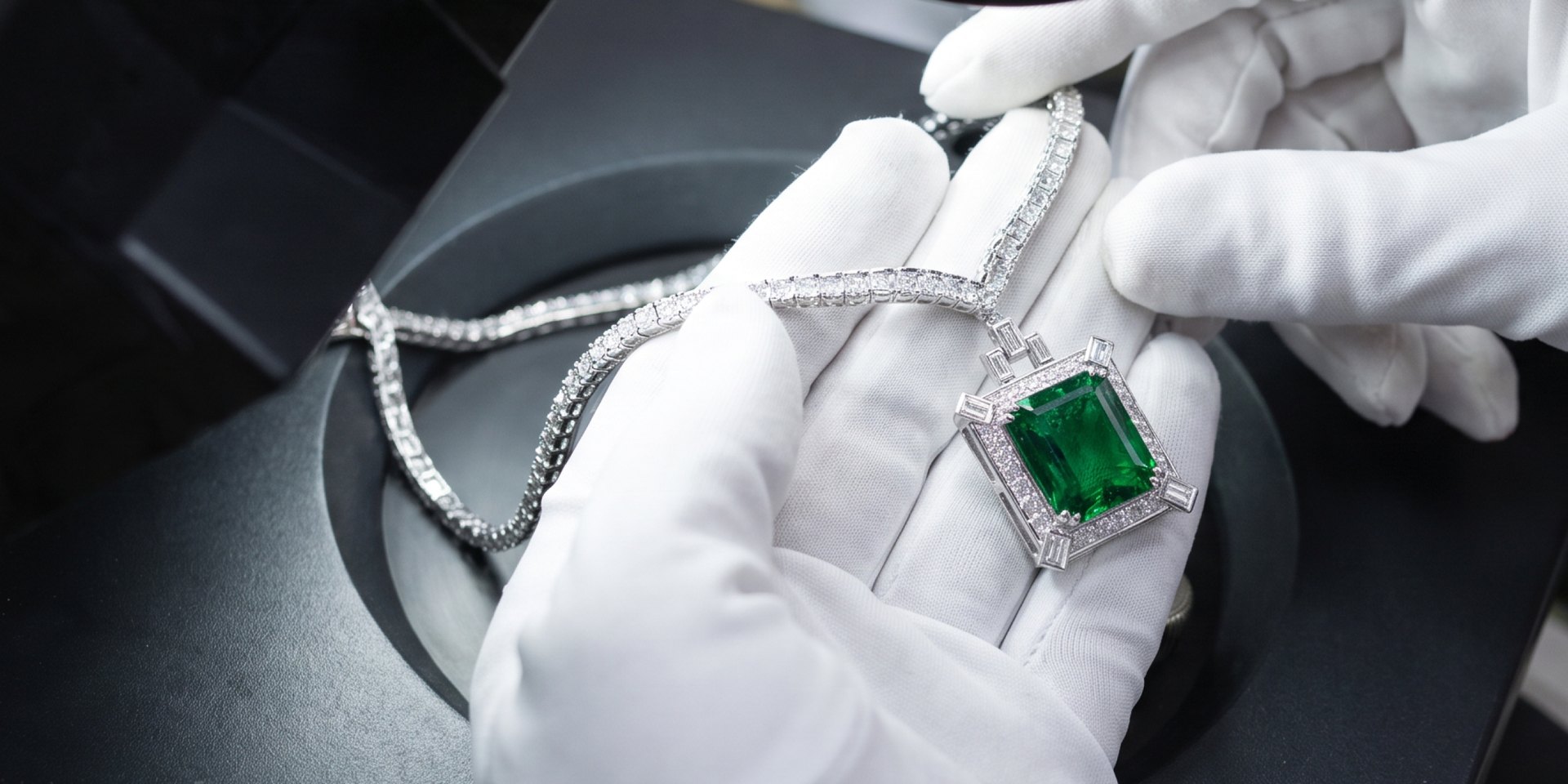 Illustration of an emerald and diamond necklace held in gloved hands.